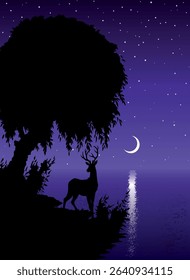 Vector drawing. Tree at the lake
