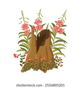 vector drawing tree stump, flowers of fireweed and vacinuum plant with green leaves and red berries isolated at white background, wooden element, hand drawn illustration