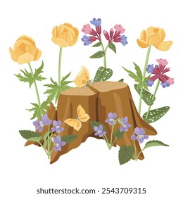 vector drawing tree stump, spring flowering wild plant with green leaves and flowers and yellow butterflies isolated at white background, forest compostion, hand drawn illustration