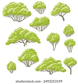 vector drawing trees and shrubs with green foliage isolated at white background, hand drawn illustration