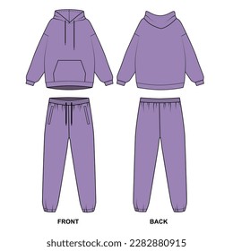 Vector drawing of a trendy tracksuit in purple. Hoodie template with pocket and drawstring joggers. Women's suit in casual style, front and back view. Sports pants and hoodie, vector.