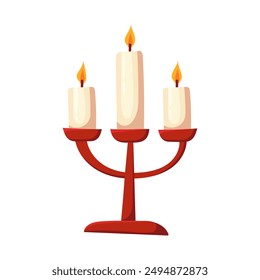 Vector drawing of a triple candlestick with burning candles. Candlesticks for interior decoration. Candlestick and candle. Halloween elements in flat vector style, isolated on white background