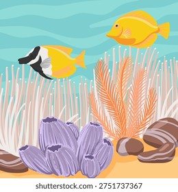 vector drawing tropical fishes, corals and water, aquarium with foxface rabbitfish and yellow tang, hand drawn illustration