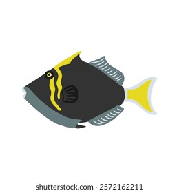 vector drawing tropical fish,halfmoon triggerfish, Sufflamen chrysopterum isolated at white background, hand drawn illustration