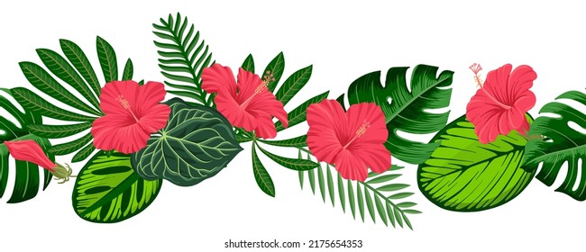 vector drawing tropical garland with green leaves and red hibiscus flowers, floral composition, exotic seamles pattern at white background , jungle border hand drawn illustration