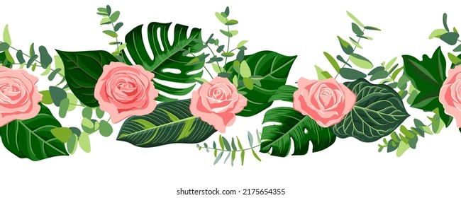 vector drawing tropical garland with green leaves and pink roses flowers, floral composition, exotic seamles pattern at white background , jungle border hand drawn illustration