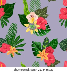 vector drawing tropical pattern with green leaves and orchid and hibiscus flowers, floral composition, exotic seamles background, jungle hand drawn illustration