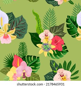 vector drawing tropical pattern with green leaves and orchid and hibiscus flowers, floral composition, exotic seamles background, jungle hand drawn illustration