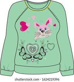 vector.eps drawing of t-shirt with flower butterfly with cat