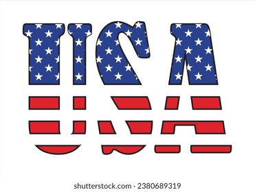 Vector drawing for a t-shirt with the inscription of the name of the country of USA on the background of the national american flag. Pattern for fabric, paper, clothing.