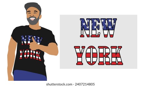 Vector drawing for a t-shirt with the inscription 
of the name of the city of New York on the background 
of the national flag of the USA. Pattern for fabric, 
paper, clothing.
