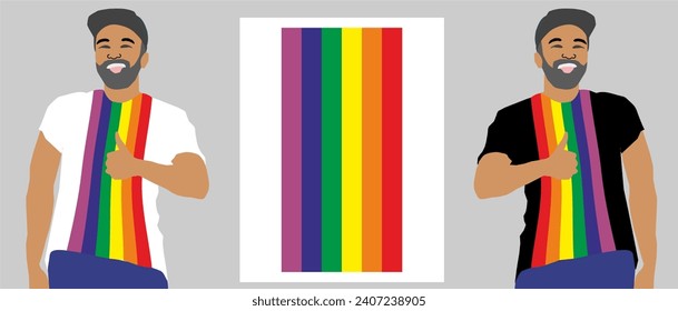 Vector drawing for t-shirt, lgbt flag in rainbow colors.
Pattern for fabric, paper, clothing of lgbt community.
Cheerful lgbt man in a t-shirt with rainbow stripes.