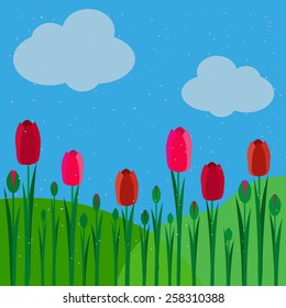 vector drawing tulip on the background of meadows and sky
