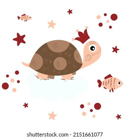 Vector drawing turtle crown stars on a white isolated background. The style is flat, cartoon. Design of postcards, children's, cheerful, printing on fabric, covers