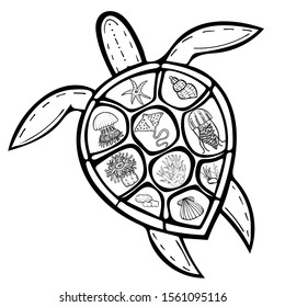 vector drawing of turtle silhouette. Inside the turtle are jellyfish figures, corals, stingray, shells, algae, sea anemone, starfish. Coloring book marine inhabitants