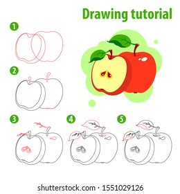 Vector drawing tutorial for kids with apple. Kids step by step instruction for drawing.