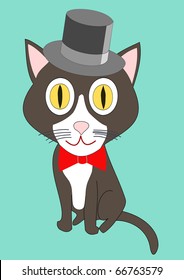 Vector drawing of a tuxedo cat with top hat and bow tie.