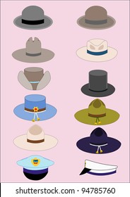 Vector drawing of twelve different hats in various colors.