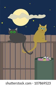 Vector drawing of two alley cats in love, sitting on a fence in the moonlight.