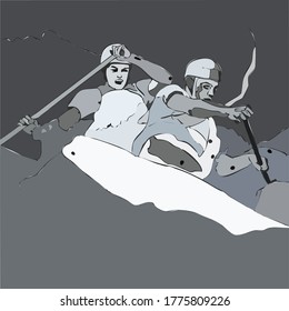 Vector drawing of two athletes on a boat with a paddle paddle