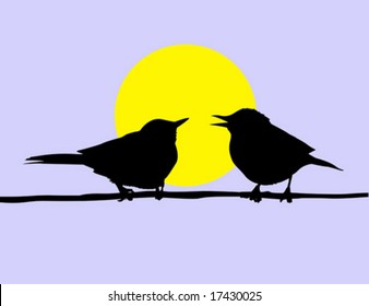 vector drawing two birds sitting on branch on background sun