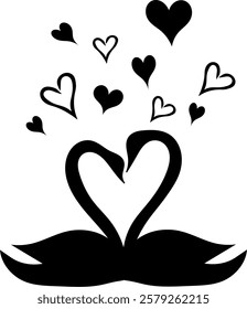 Vector Drawing of two black swans and hearts