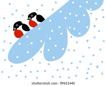 vector drawing two bullfinches on snow branch