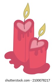 Dibujo vectorial de dos candelabros rojos en forma de corazón se derritieron juntos. Romántica ilustración de caricatura para el Día de San Valentín, compromiso, boda.