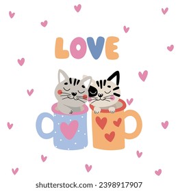 
Vector drawing with two cats in cups and lettering. Suitable for printing on T-shirts, Valentine's Day cards and more.