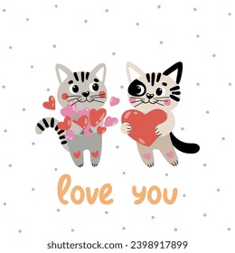 Vector drawing with two cats and inscriptions. Suitable for printing on T-shirts, Valentine's Day cards, etc.