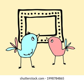 Dibujo vectorial de dos lindos pájaros con un marco vacío para tu texto. pájaros de dibujos animados de colores pastel azul y rosa con un marco de puntos y líneas sobre un fondo amarillo para una plantilla de diseño para invitat