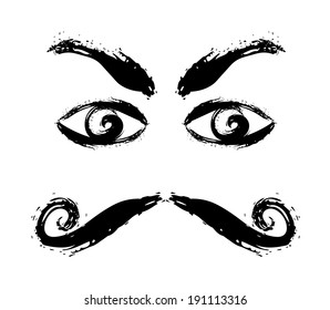 Vector drawing of two eyes, eyebrows and mustaches on white background.