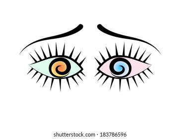 Vector drawing of two eyes with eyelashes. Icon of eyes on white background. Symbol of eyes.