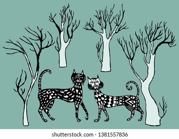 Vector drawing of two fabulous cats in a magical forest