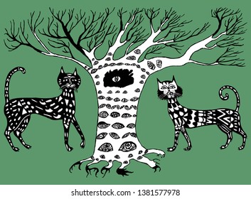 Vector drawing of two fairytale cats under a magic tree