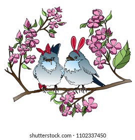 Vector drawing of two gray birds on an Apple tree branch