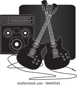 Vector drawing of two guitars and an amplifier