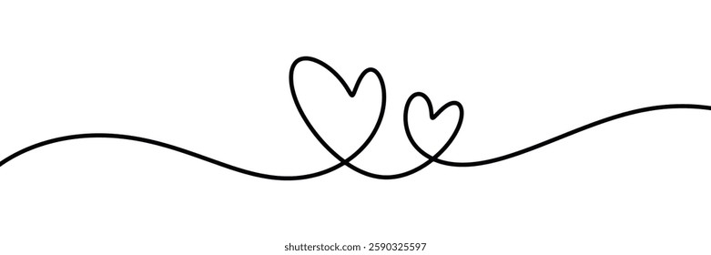 vector drawing of two hearts by hand with one continuous line on white background
