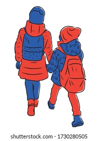 Vector drawing of two little schoolgirls walking along street together