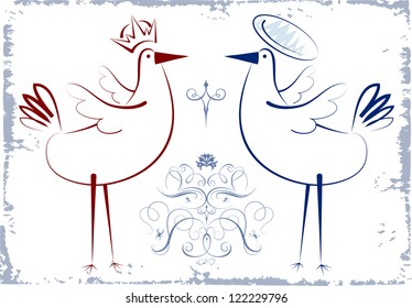 Vector drawing of two long-legged birds and calligraphical curls.