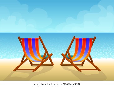 Vector drawing of two lounge chairs on the beach. Summer by the sea 