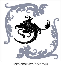 Vector drawing of two ornaments and a mythical monster.