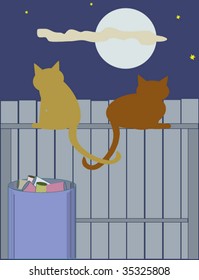 Vector drawing of two romantic alley cats on a fence in the moonlight.