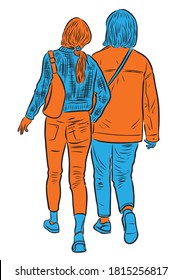 Vector drawing of two teens girls walking together along street