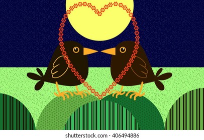 vector drawing two thrush clear night under the moon