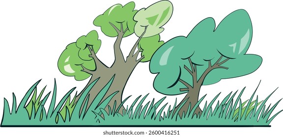 Vector drawing of two trees in a grassy area. Grass and trees vector illustration. Summer abstract green grass green trees. Nature illustration. For environmental and garden design background.