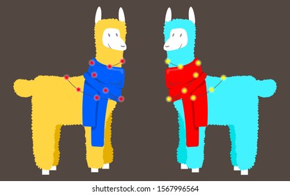 Vector drawing of two unusual lamas of yellow and turquoise color. Plush lamas are dressed in warm scarves of red and blue color and are hung with luminous Christmas garlands.