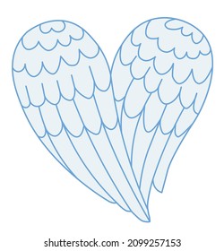 Vector drawing of a two white folded angel wings forming heart shape together. Romantic cartoon illustration for Valentine's Day, engagement, wedding.