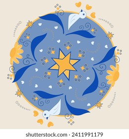 Vector drawing UA motive Bow Bird Sunflower. Abstract ethnic icon, peace sign, sunny mood, love of life, birth