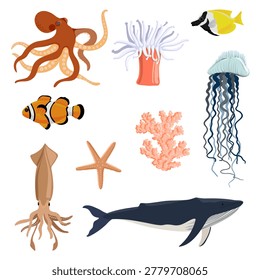 vector drawing underwater objects, corals, sea anemones, fish, octopus and whale isolated at white background, hand drawn illustration